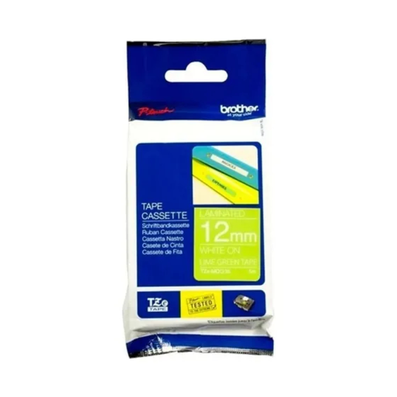 CINTA BROTHER TZe-MQG35 12mm x 5mts BLANCO/VERDE LIMA