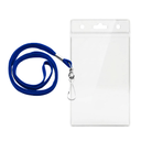 KIT FUNDA VERTICAL TIPO "T" 90x65mm + CORDÓN PLANO AZUL CON GANCHO x50 unidades