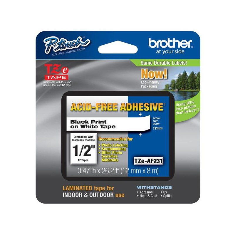 CINTA BROTHER TZe-AF231 LIBRE DE ÁCIDO 12mm x 8mts NEGRO/BLANCO