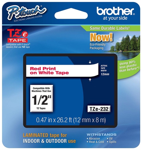 [70014TZ232] CINTA BROTHER TZe-232 12mm x 8mts ROJO/BLANCO