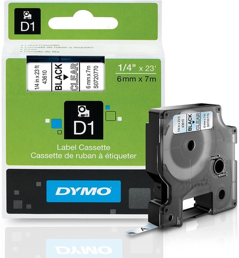 [70012D143610] CINTA DYMO D1 43610 6mm x 7m NEGRO/TRANSPARENTE
