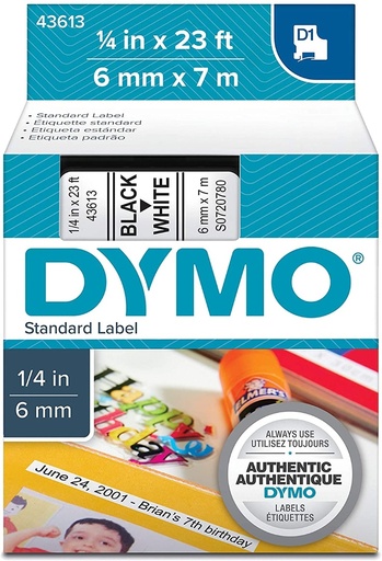 [70012D143613] CINTA DYMO D1 43613 6mm x 7m NEGRO/BLANCO