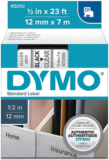 [70012D145010] CINTA DYMO D1 45010 12mm x 7m NEGRO/TRANSPARENTE